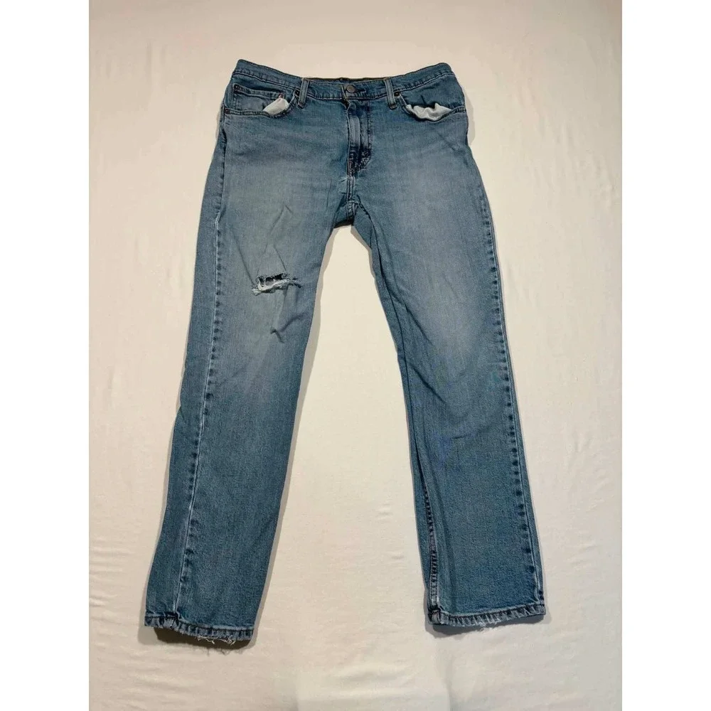 Levis 514 Straight Leg Mens Light‎ Wash Distressed Blue Denim Jeans 36x30